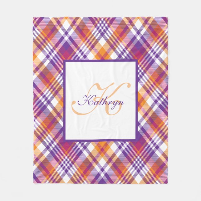 Personalized Purple, Orange & White Plaid Blanket (Front)