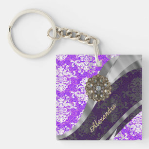 Personalized purple pretty girly damask pattern key ring