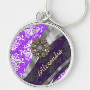 Personalized purple pretty girly damask pattern key ring