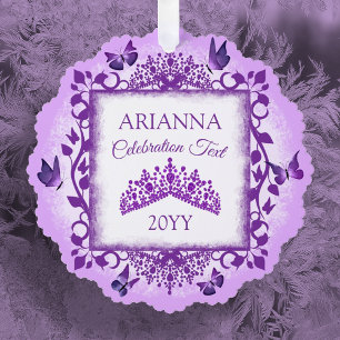 Personalized Purple Tiara & Butterflies Keepsake Tree Decoration Card