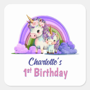 Personalized Purple Unicorn 1st Birthday Square Sticker