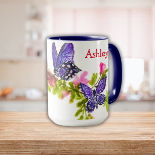 Personalized Purple Watercolor Butterfly & Flowers Mug