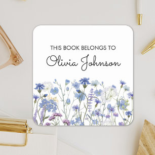 Personalized Purple Wildflower Floral Bookplate Square Sticker