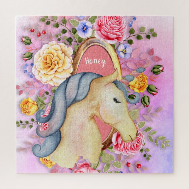 Personalized Puzzle Unicorn Roses Pink Girly (Vertical)