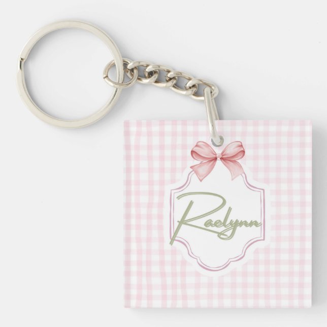 Personalized Raelynn Baby Girl Nursery Bow&Gingham Key Ring (Front)