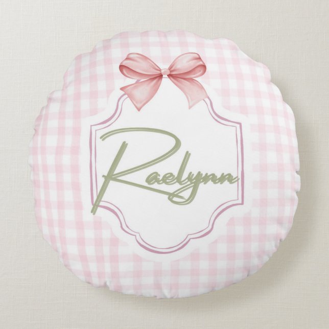 Personalized Raelynn Baby Girl Nursery Bow&Gingham Round Cushion (Front)