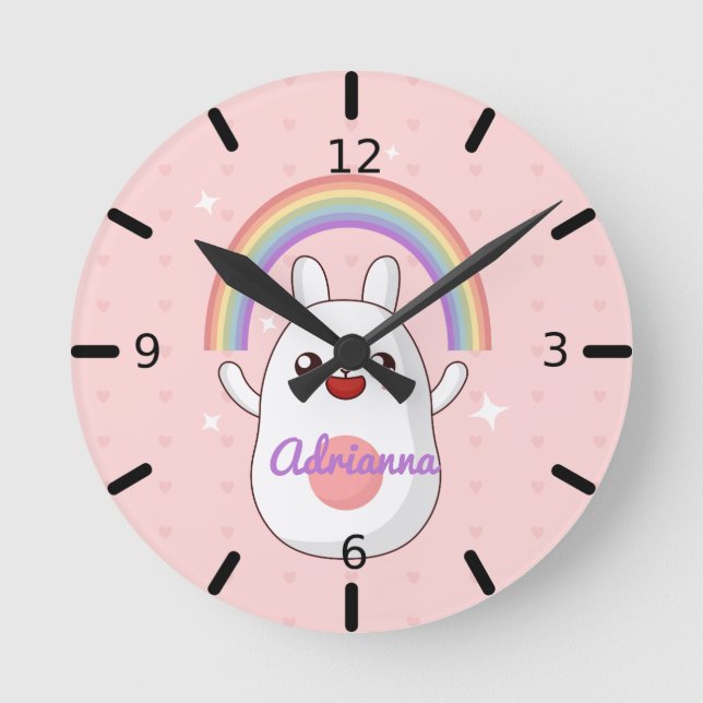 Personalized Rainbow Bunny Round Clock (Front)