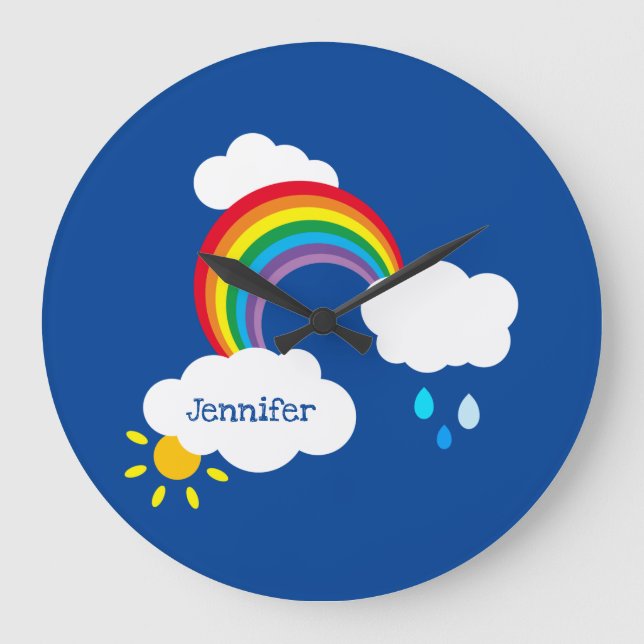 Personalized Rainbow, Clouds and Rain Square Wall Large Clock (Front)