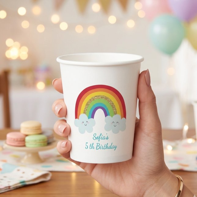 Personalized Rainbow Kids Birthday Custom Name Paper Cups (Creator Uploaded)