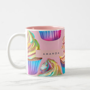 Personalized Rainbow Pastel Cupcake with Glitter Two-Tone Coffee Mug