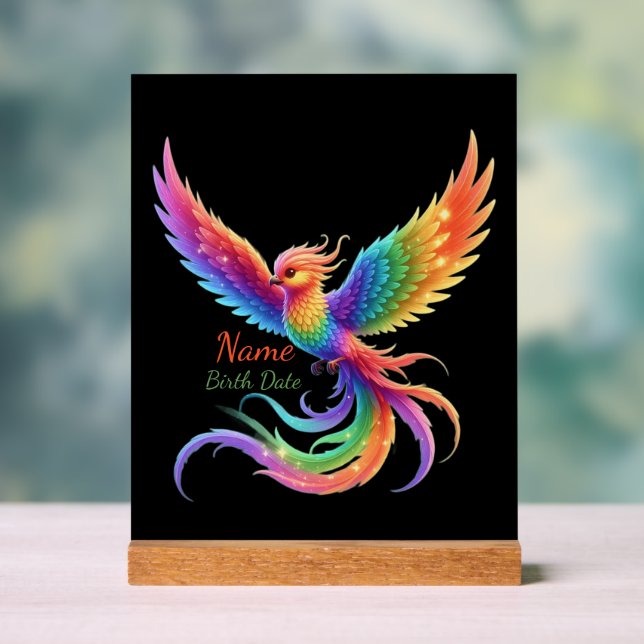 Personalized Rainbow Phoenix Name Birthdate Gift Acrylic Sign (Neutral)