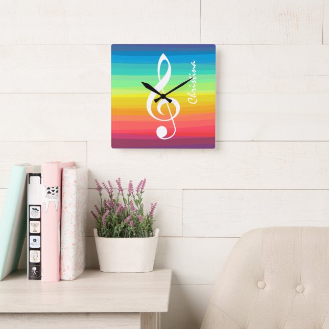 Personalized Rainbow Watercolor Treble Clef Square Wall Clock (Reading Room)