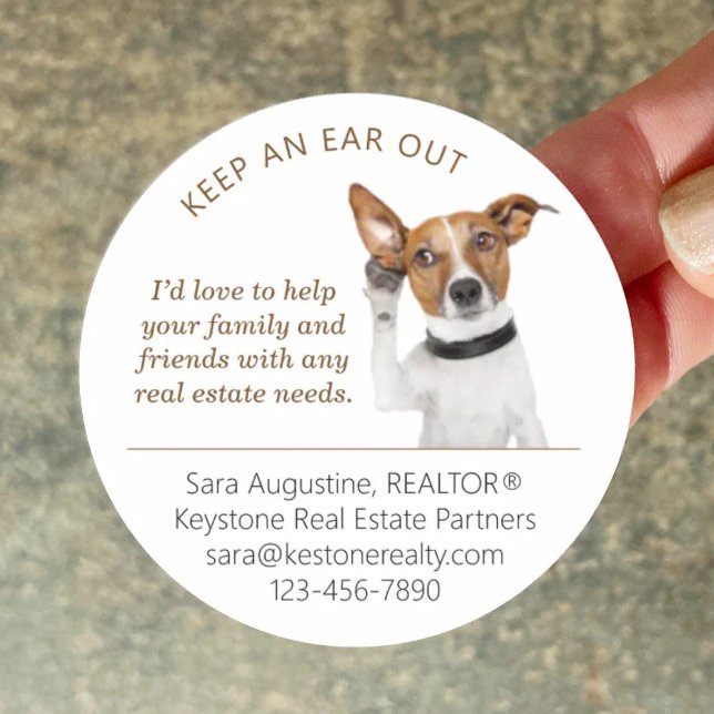 Personalized Realtor Referral Dog, Keep an Ear Out Classic Round Sticker (Creator Uploaded)