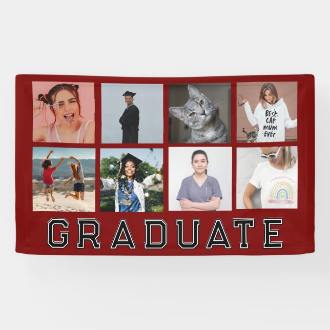 Personalized Red 8 Photo Collage Graduation Banner (Horizontal)