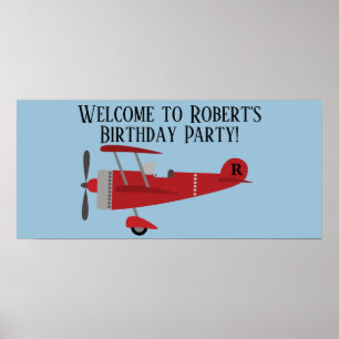 Personalized Red Airplane Blue Birthday Party Poster