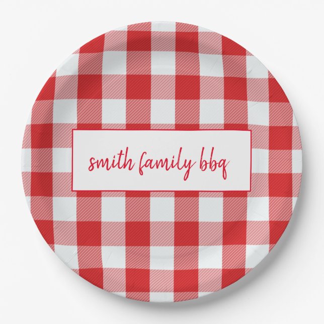 Personalized Red and White Buffalo Plaid Plates (Front)