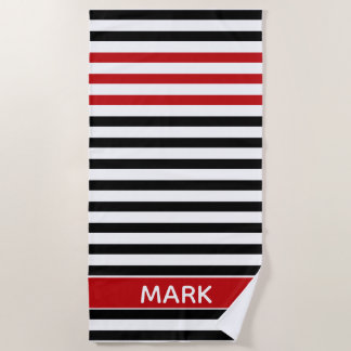 Personalized Red Black And White Multi Stripe  Beach Towel