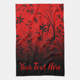 Personalized Red & Black Ombre Floral Tea Towel