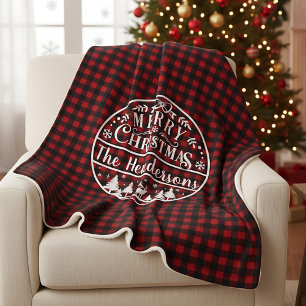 Personalized Red & Black Plaid Merry Christmas Sherpa Blanket