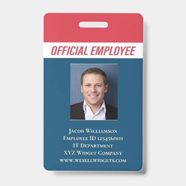Personalized Red Blue Photo ID Employee Badge (Front)