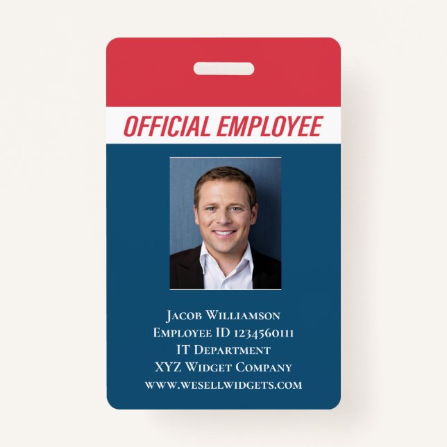 Personalized Red Blue Photo ID Employee ID Badge (Front)