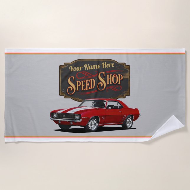 Personalized Red Camaro Speed Shop Beach Towel (Front)