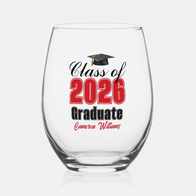 Personalized Red Class of 2026 Graduation Stemless Wine Glass (Front)