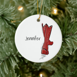 Personalized Red Cowboy Boots Western Holiday Gift Ceramic Ornament