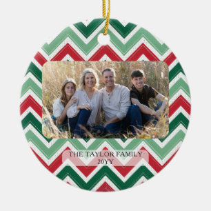 Personalized Red Green Chevron Christmas Photo Ceramic Ornament
