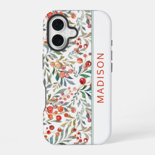 Personalized Red Green Christmas Berry Floral iPhone 16 Case