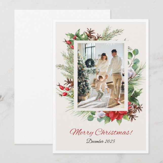 Personalized Red & Green Floral Christmas Card  (Front/Back)