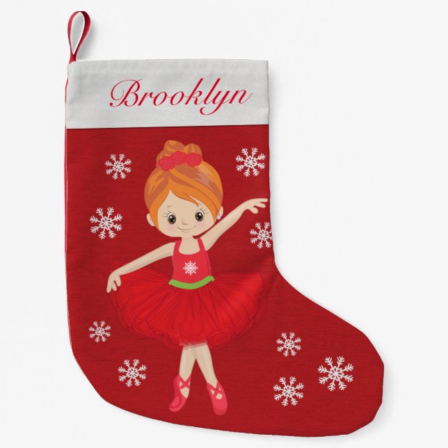 Personalized Red Hair Christmas Ballerina Small Christmas Stocking (Front)