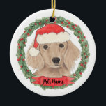 Personalized Red Long Haired Dachshund Christmas Ceramic Ornament<br><div class="desc">Make the nice list this year with a personalized Christmas ornament of your sweet red long haired dachshund santa elf! For the sweetest gifts,  pair it with a matching art print or another item from my collection!</div>