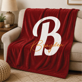 Personalized Red Monogram Fleece Blanket 