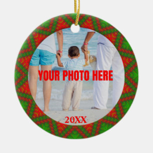 Personalized Red n Green Christmas Abstract Photo Ceramic Ornament