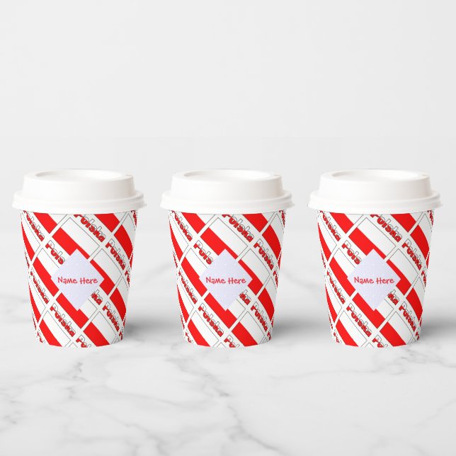 Personalized Red Name Polska Flag Tiled Party Paper Cups (Multi)
