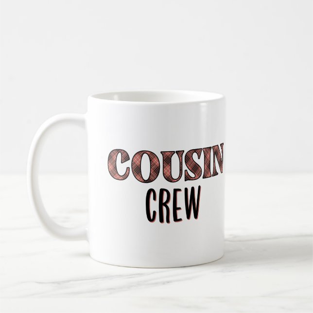 Personalized Red Plaid Pattern Cousin Crew Coffee Mug (Left)