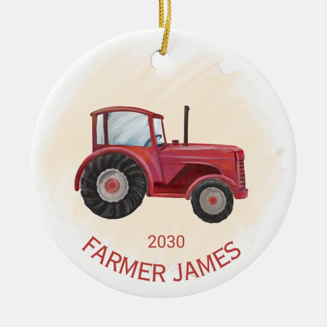 Personalized Red Tractor Christmas Ornament (Front)