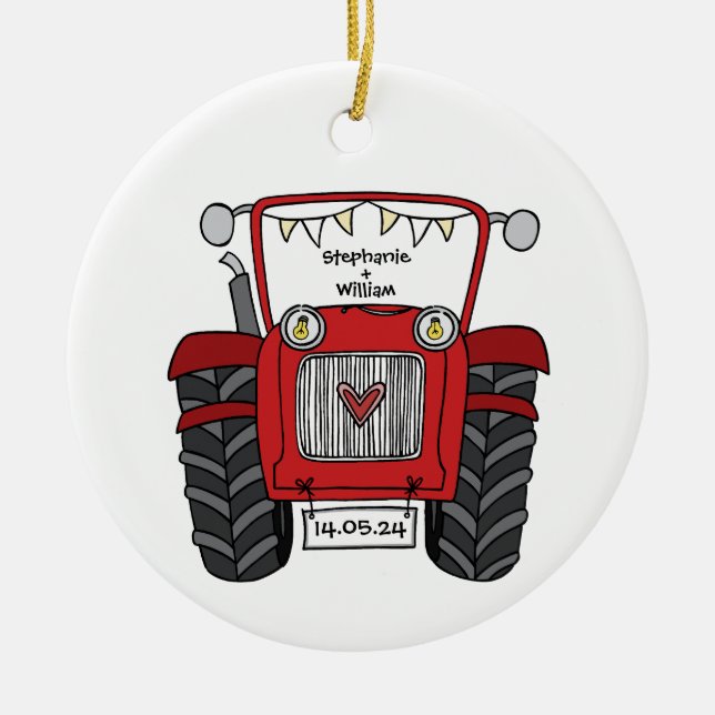 Personalized Red Tractor Country Wedding Gift Ceramic Ornament (Front)