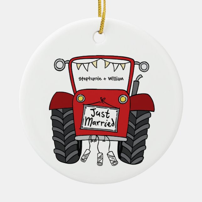 Personalized Red Tractor Country Wedding Gift Ceramic Ornament (Front)