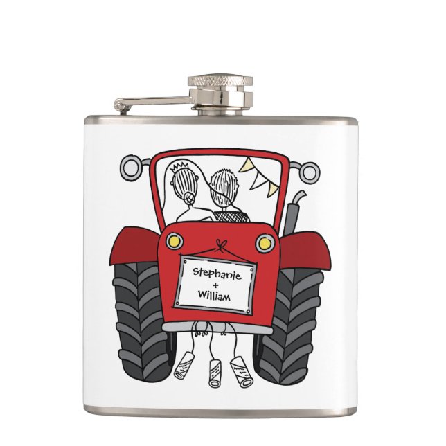 Personalized Red Tractor Country Wedding Gift Hip Flask (Front)