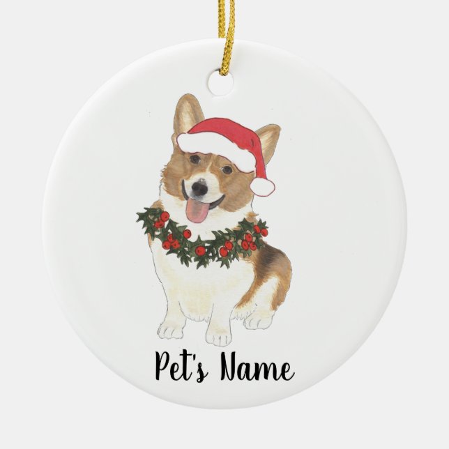 Personalized Red & White Corgi Christmas Ceramic Ornament (Front)