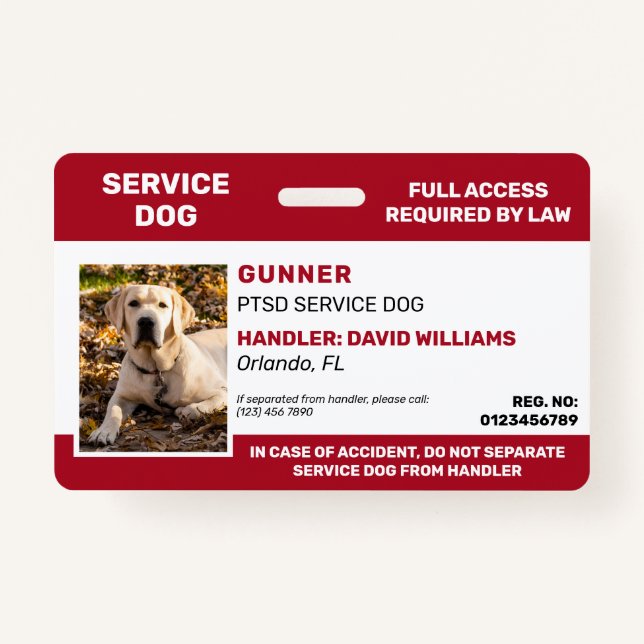 Personalized Red White Service Dog Photo ID Badge (Front)
