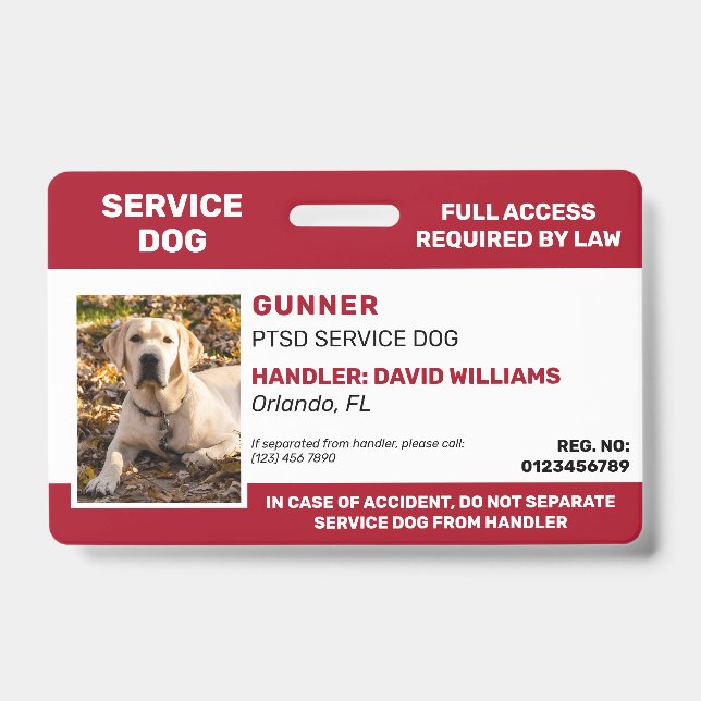 Personalized Red White Service Dog Photo ID Badge (Front)