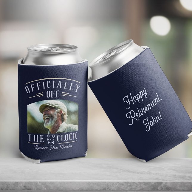 Personalized Retiree Party Favor Retirement Photo  Can Cooler (Light and dark blue retirement photo can cooler with an Officially Off the Clock retirement design )