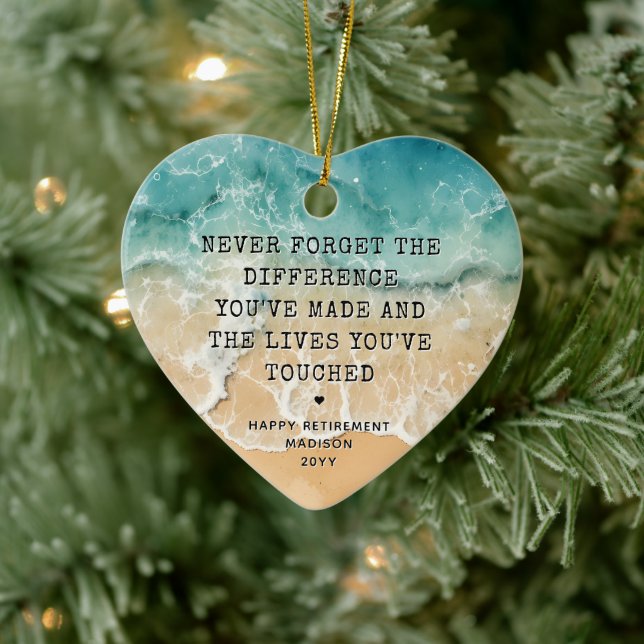 Personalized Retirement Modern Blue Ocean Beach Ceramic Ornament (Tree)