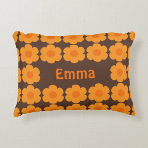 Personalized Retro 70s Flowers Brown and Orange Decorative Cushion