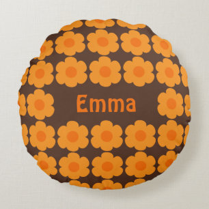 Personalized Retro 70s Flowers Brown and Orange Round Cushion