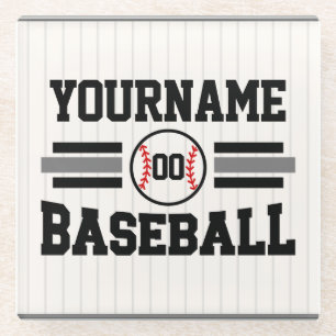 Personalized Retro Baseball Player NAME Team Glass Coaster