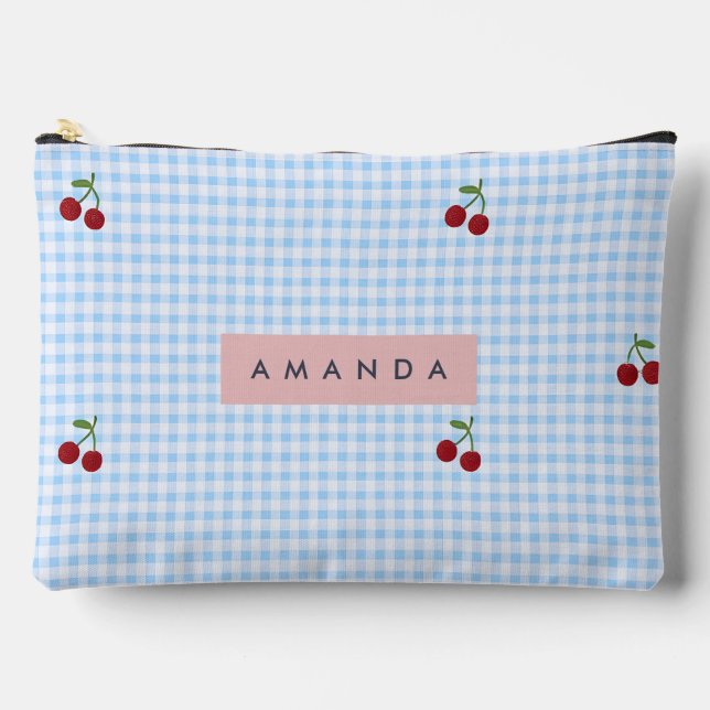Personalized Retro Blue Gingham Cherry Print  Accessory Pouch (Front)